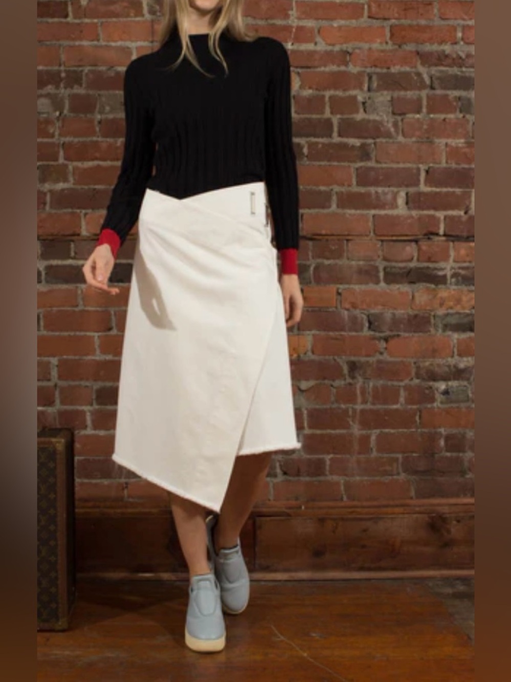 Celine Cream Asymmetrical Wrap Midi Skirt